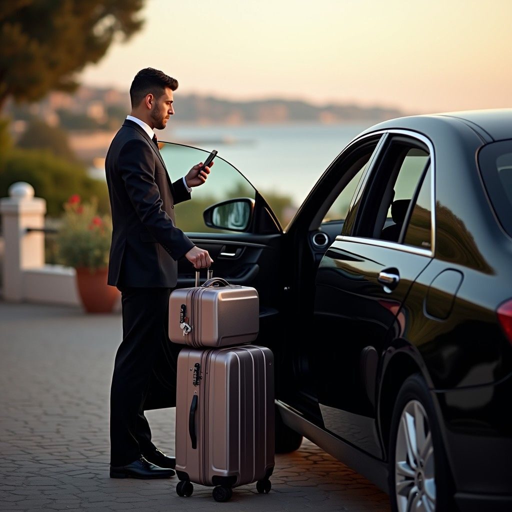 Professional chauffeur standing by a luxury black sedan, representing our elite Luxury Black Car & Premium Limo Service in San Diego for executive travel.