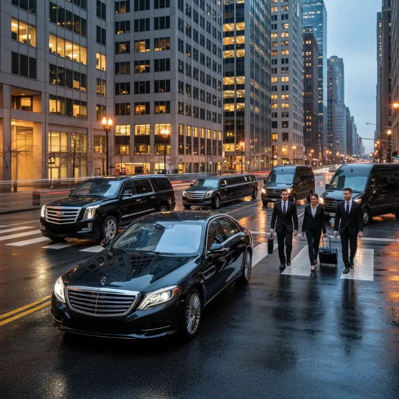 Professional chauffeur-driven black car service and executive transportation in San Diego featuring luxury sedans and SUVs at a corporate location.