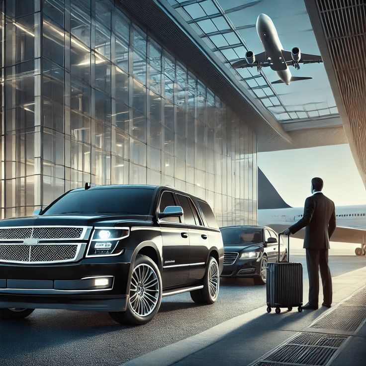 Professional chauffeur waiting for a client at the airport with a luxury SUV, perfect for San Diego airport transfers and executive transportation.