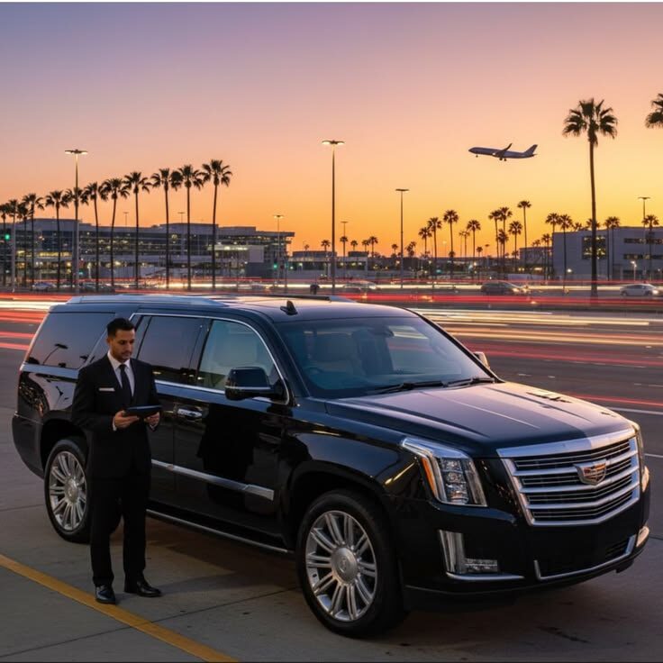 Professional chauffeur standing by a luxury Cadillac SUV at the airport during sunset for San Diego executive transportation services.