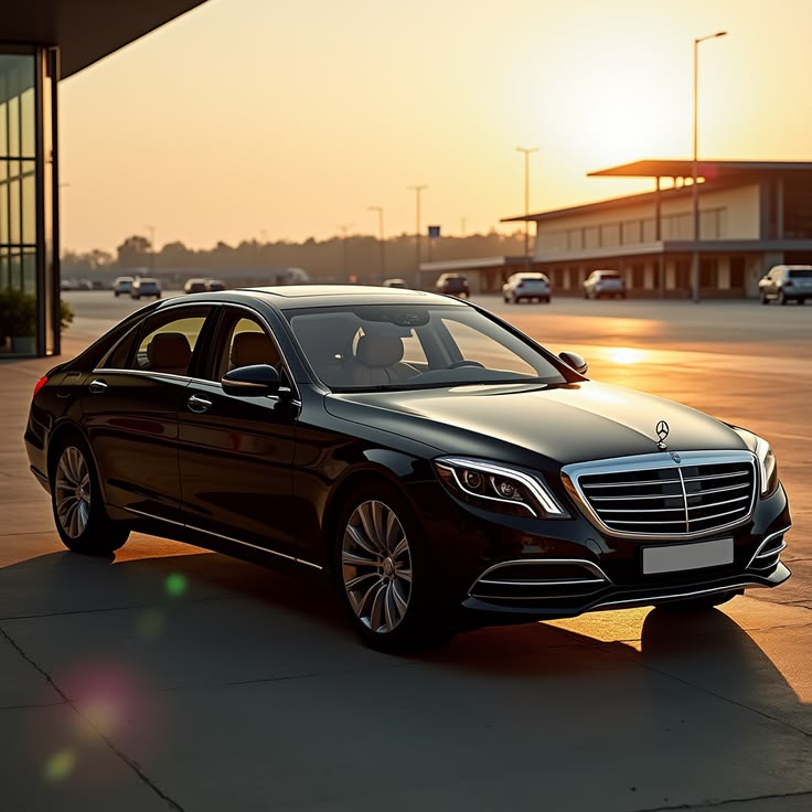 Premium black car service luxury Mercedes sedan parked at sunset